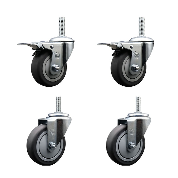 Service Caster 4 Inch Thermoplastic Rubber Swivel 58 Inch Threaded Stem Caster Set 2 Total Lock Brakes SCC-TSTTL20S414-TPRB-58212-2-S-2 - main